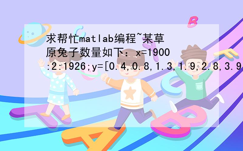 求帮忙matlab编程~某草原兔子数量如下：x=1900:2:1926;y=[0.4,0.8,1.3,1.9,2.8,3.9,5.3,7.2,9.6,12.9,17.1,23.2,31.4,38.6];其中x为年份,y为兔子数（亿）请分别用malthus模型和Logistic模型预测1930年兔子数量.麻烦给出