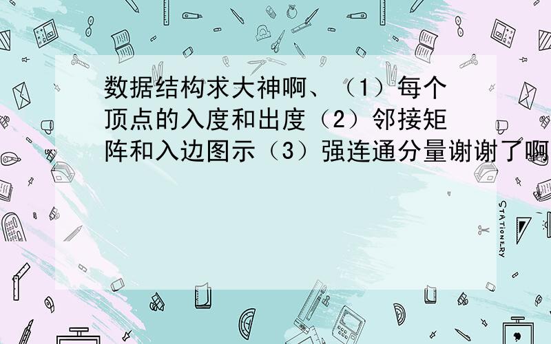 数据结构求大神啊、（1）每个顶点的入度和出度（2）邻接矩阵和入边图示（3）强连通分量谢谢了啊