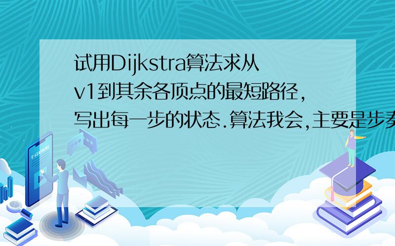 试用Dijkstra算法求从v1到其余各顶点的最短路径,写出每一步的状态.算法我会,主要是步奏!下图为题目图,还有就是谁有2013南京航空航天大学829试卷的答案啊?