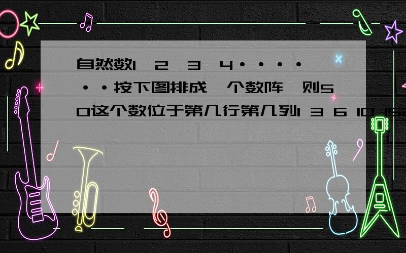 自然数1、2、3、4······按下图排成一个数阵,则50这个数位于第几行第几列1 3 6 10 152 5 9 144 8 137 1211