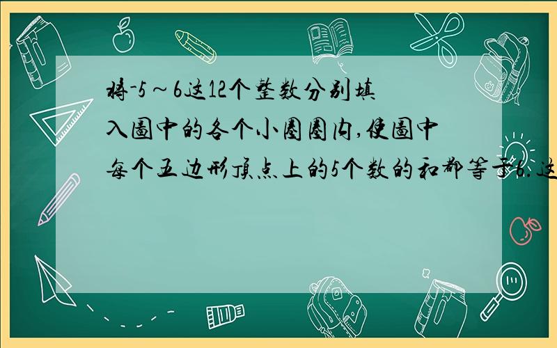 将-5～6这12个整数分别填入图中的各个小圈圈内,使图中每个五边形顶点上的5个数的和都等于6.这个急  很急  非常急   急到无穷大   寒雪日内集   百年后赶集也没这个急     所以在下求你们了,