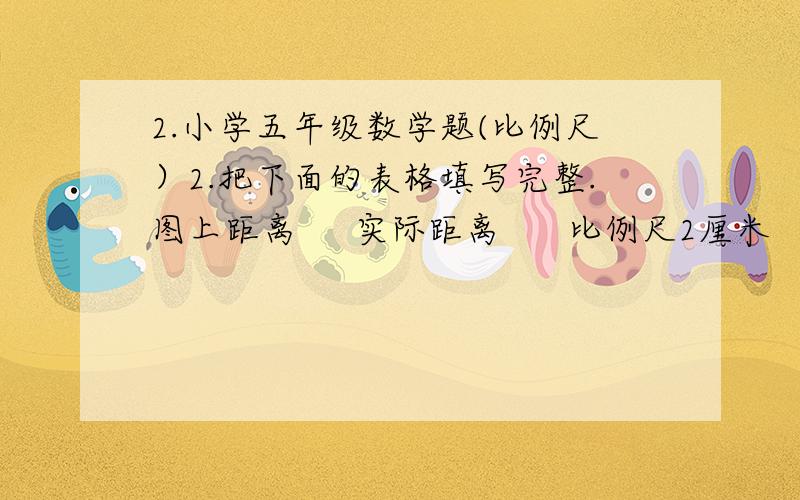 2.小学五年级数学题(比例尺）2.把下面的表格填写完整.图上距离     实际距离      比例尺2厘米         280千米 3.5厘米       210千米0.5厘米       4.5米