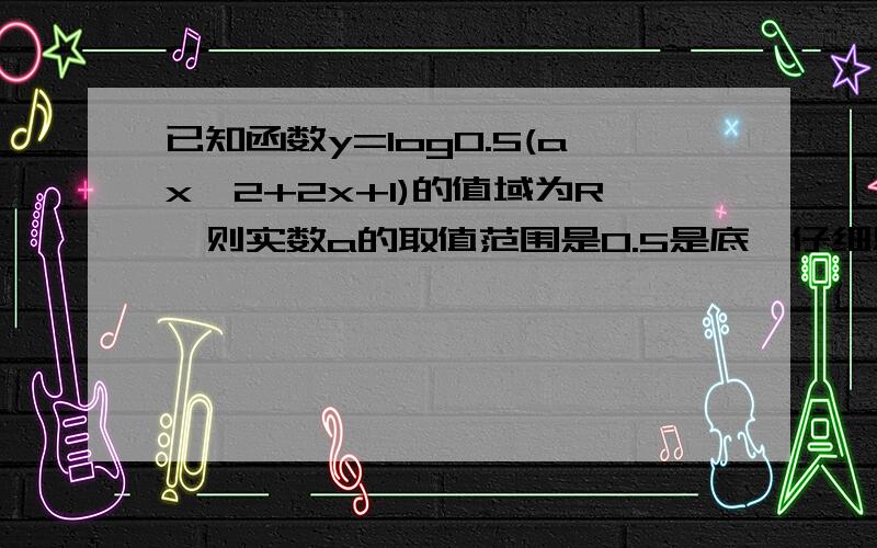 已知函数y=log0.5(ax^2+2x+1)的值域为R,则实数a的取值范围是0.5是底,仔细思考