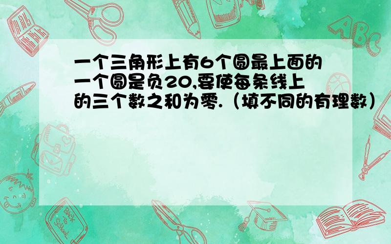 一个三角形上有6个圆最上面的一个圆是负20,要使每条线上的三个数之和为零.（填不同的有理数）