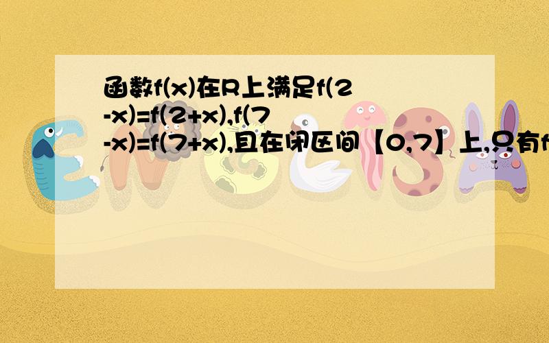 函数f(x)在R上满足f(2-x)=f(2+x),f(7-x)=f(7+x),且在闭区间【0,7】上,只有f(1)=f(3)=01)试判断函数y=f(x)的奇偶性（Ⅰ） 由于f（2-x）= f（2+x）,f（7-x）= f（7+x）可知f（x）的对称轴为x=2和x=7,即f（x）不是