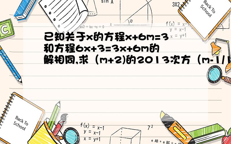 已知关于x的方程x+6m=3和方程6x+3=3x+6m的解相同,求（m+2)的2013次方（m-1/10)的2014次方