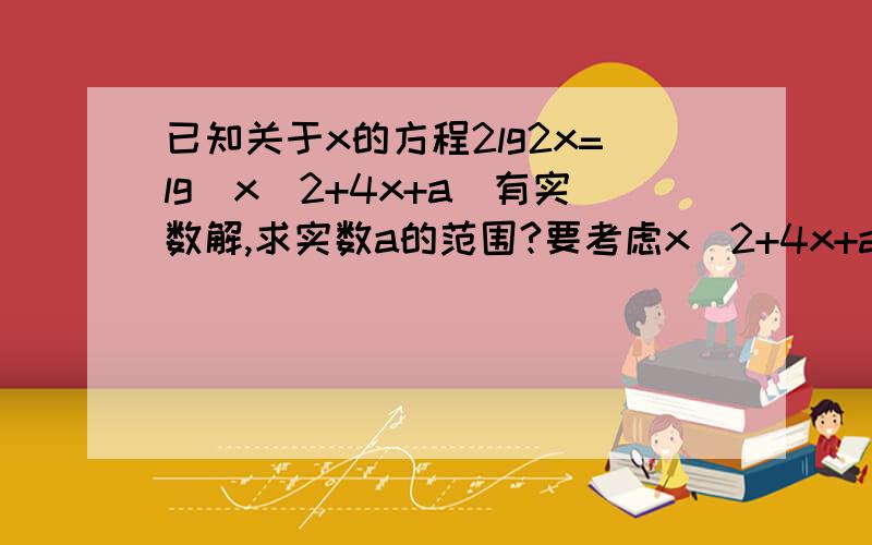 已知关于x的方程2lg2x=lg(x^2+4x+a)有实数解,求实数a的范围?要考虑x^2+4x+a大于0吗?并求下你的解 我手头答案是【-4/3,正无穷）