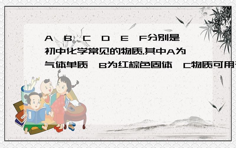 A、B、C、D、E、F分别是初中化学常见的物质.其中A为气体单质,B为红棕色固体,C物质可用于灭火.D、E、F均由三种元素组成,且含一种相同元素.它们之间的关系如下图所示.（图中“—”表示两端