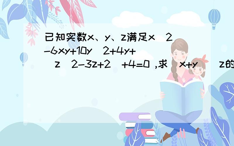 已知实数x、y、z满足x^2-6xy+10y^2+4y+|z^2-3z+2|+4=0 ,求(x+y)^z的值