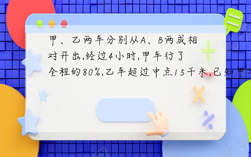 甲、乙两车分别从A、B两成相对开出,经过4小时,甲车行了全程的80%,乙车超过中点15千米,已知甲车比乙车每小时多行3千米,A、B两成相聚多少千米?请用最简单的方法，最好是算术法。不要设什