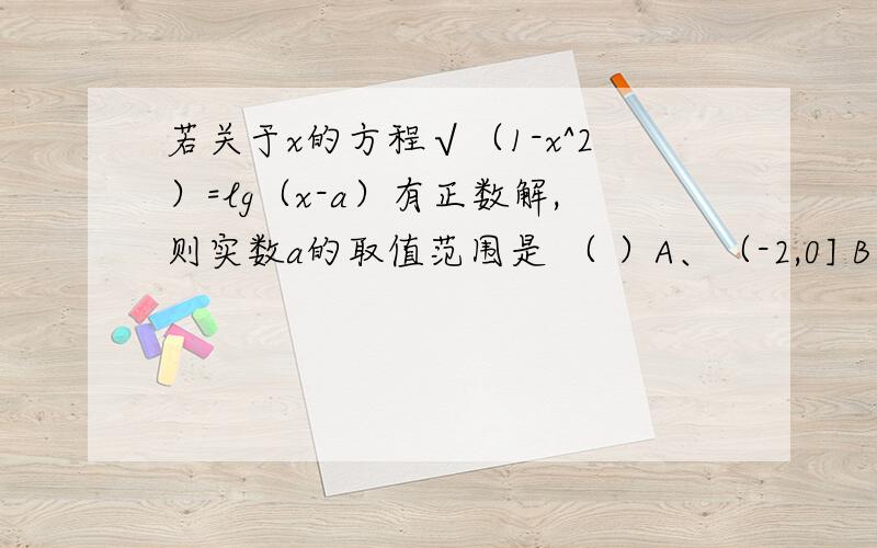 若关于x的方程√（1-x^2）=lg（x-a）有正数解,则实数a的取值范围是 （ ）A、（-2,0] B、（-1,0] C、（0,1） D、[0,2）求详解.