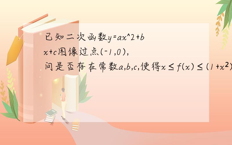 已知二次函数y=ax^2+bx+c图像过点(-1,0),问是否存在常数a,b,c,使得x≤f(x)≤(1+x²)对一切实数成立看了些相同的解释由x0(b-1)2-4ac≤0为什么△要小于等于0?等于0就是与x轴有一个交点,小于0的话跟x