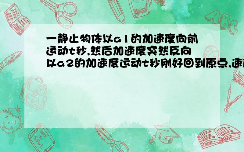 一静止物体以a1的加速度向前运动t秒,然后加速度突然反向以a2的加速度运动t秒刚好回到原点,速度为5米每秒.求加速度改变之前的速度和两个加速度的比值是1比-3 要最简便的过程，通俗易懂