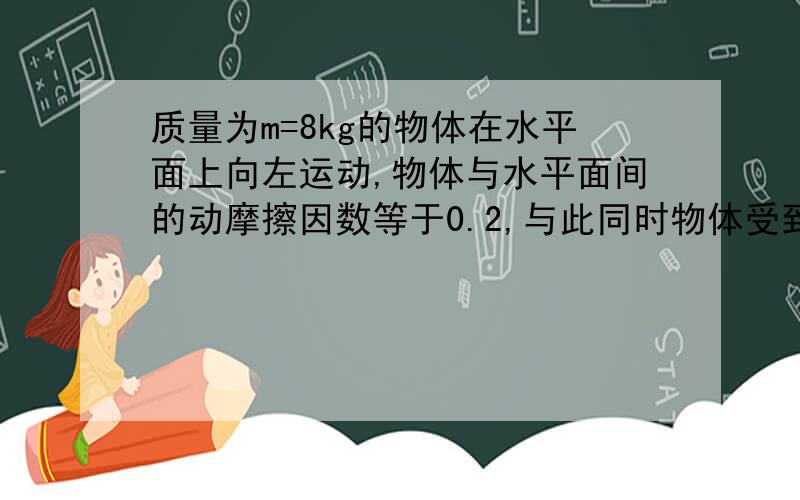 质量为m=8kg的物体在水平面上向左运动,物体与水平面间的动摩擦因数等于0.2,与此同时物体受到一个水平向右的推力F=24N的作用,则物体的加速度大小为?方向为?