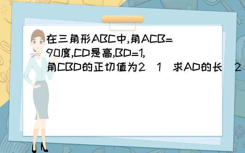 在三角形ABC中,角ACB=90度,CD是高,BD=1,角CBD的正切值为2(1)求AD的长(2)如果点E在以B为圆心BA为半径的弧上,CE//AB,求sin角EBA的值