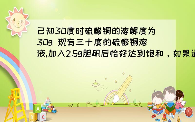 已知30度时硫酸铜的溶解度为30g 现有三十度的硫酸铜溶液,加入25g胆矾后恰好达到饱和，如果通过蒸发水分来使原溶液达到饱和，则需蒸发水分多少克