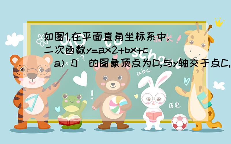 如图1,在平面直角坐标系中,二次函数y=ax2+bx+c（a＞0）的图象顶点为D,与y轴交于点C,与x轴交于点A、B,点A在原点的左侧,点B的坐标为（3,0）,OB=OC,tan∠ACO=13 ．（1）求这个二次函数的解析式；（2）