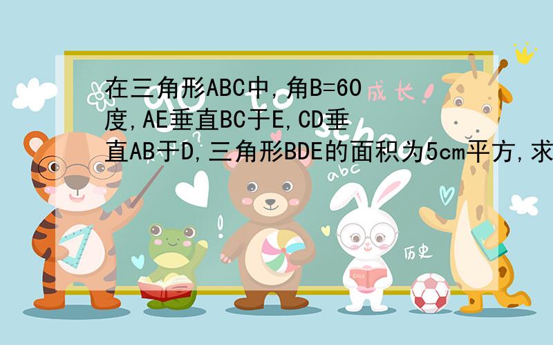 在三角形ABC中,角B=60度,AE垂直BC于E,CD垂直AB于D,三角形BDE的面积为5cm平方,求三角形ABC的面积