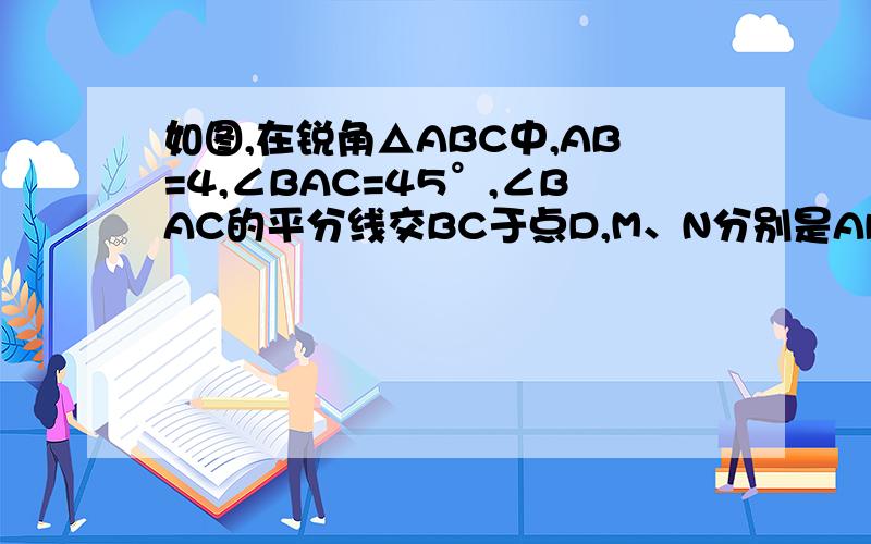 如图,在锐角△ABC中,AB=4,∠BAC=45°,∠BAC的平分线交BC于点D,M、N分别是AD和AB上的动点,则BM+MN的最小值是（ )