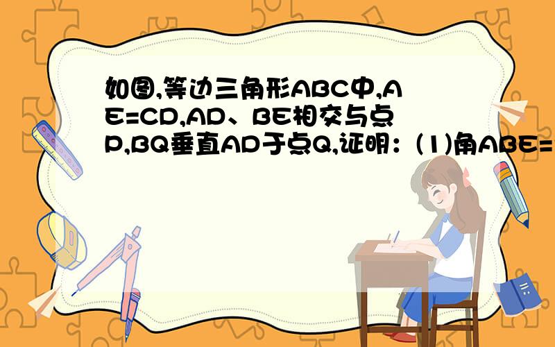 如图,等边三角形ABC中,AE=CD,AD、BE相交与点P,BQ垂直AD于点Q,证明：(1)角ABE=角CAD（2）BP=2PQ