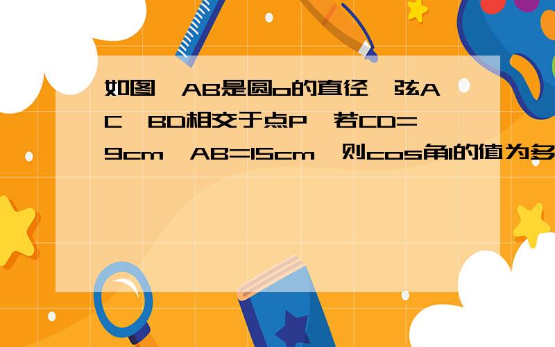 如图,AB是圆o的直径,弦AC、BD相交于点P,若CD=9cm,AB=15cm,则cos角1的值为多少?