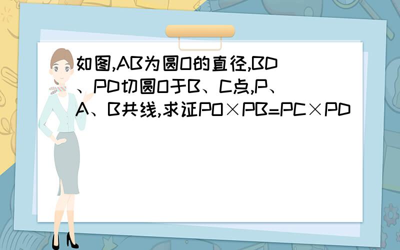 如图,AB为圆O的直径,BD、PD切圆O于B、C点,P、A、B共线,求证PO×PB=PC×PD