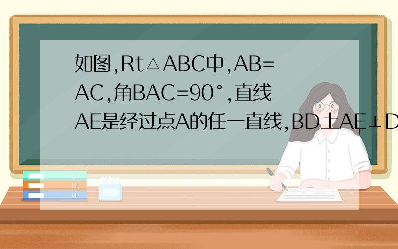 如图,Rt△ABC中,AB=AC,角BAC=90°,直线AE是经过点A的任一直线,BD上AE⊥D,CE⊥AE于E,若BD＞CE,请问AD与CE的大小有何关系?请说明理由.你能说明DE=BD-CE的理由吗