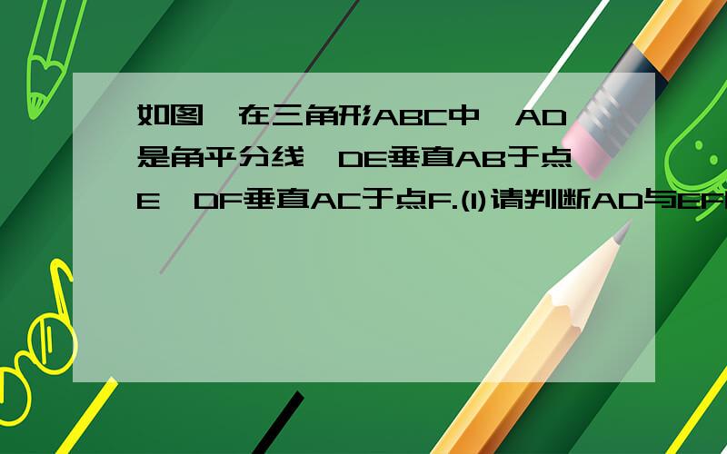 如图,在三角形ABC中,AD是角平分线,DE垂直AB于点E,DF垂直AC于点F.(1)请判断AD与EF的关系;(2)证明你的结论