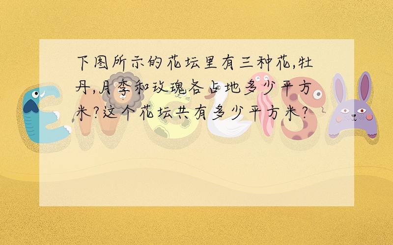 下图所示的花坛里有三种花,牡丹,月季和玫瑰各占地多少平方米?这个花坛共有多少平方米?