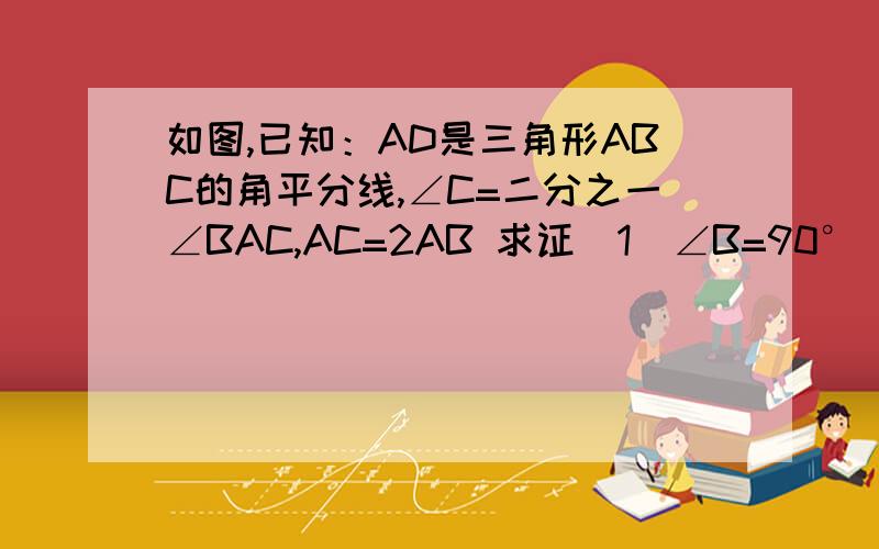 如图,已知：AD是三角形ABC的角平分线,∠C=二分之一∠BAC,AC=2AB 求证（1）∠B=90°（2）AD=2BD