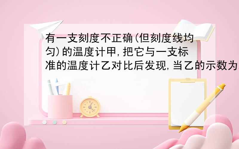 有一支刻度不正确(但刻度线均匀)的温度计甲,把它与一支标准的温度计乙对比后发现,当乙的示数为20度时,甲的示数为15度;当乙的示数为80度时,甲的示数为90度,那甲20度时,乙多少度?