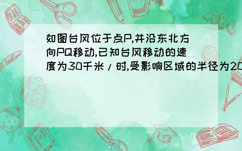 如图台风位于点P,并沿东北方向PQ移动,已知台风移动的速度为30千米/时,受影响区域的半径为200KM,B市位于点P的北偏东75°方向上,距离点P320KM处（1）说明本次台风会影响B市（2）邱这次台风影响