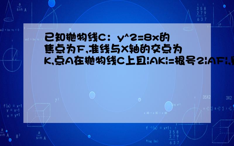 已知抛物线C：y^2=8x的焦点为F,准线与X轴的交点为K,点A在抛物线C上且|AK|=根号2|AF|,则三角形AFK的面积