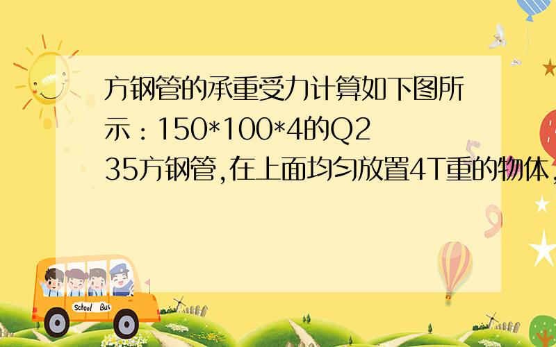 方钢管的承重受力计算如下图所示：150*100*4的Q235方钢管,在上面均匀放置4T重的物体,不知是否会承重变形,请说出计算过程,同时也问下从哪本书上可以学到这类知识.