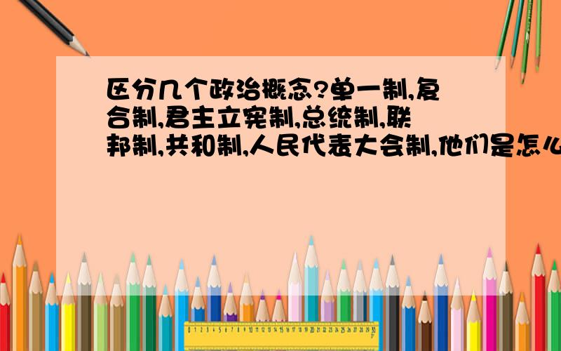 区分几个政治概念?单一制,复合制,君主立宪制,总统制,联邦制,共和制,人民代表大会制,他们是怎么划分的,划分标准是什么?