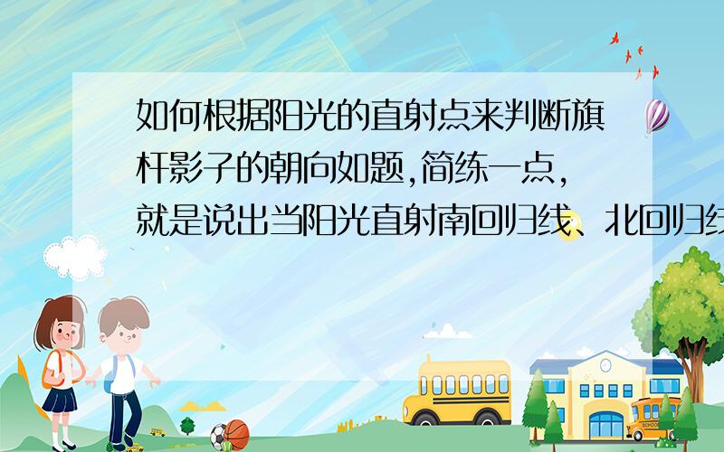 如何根据阳光的直射点来判断旗杆影子的朝向如题,简练一点,就是说出当阳光直射南回归线、北回归线、赤道这三种情况北半球正午旗杆影子的朝向是向哪个方向?