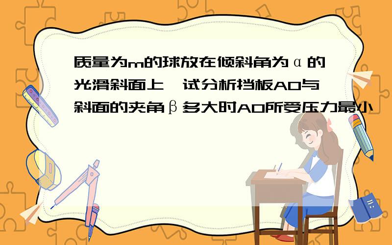 质量为m的球放在倾斜角为α的光滑斜面上,试分析挡板AO与斜面的夹角β多大时AO所受压力最小,并求出?