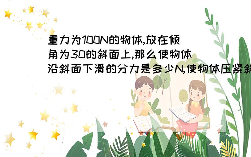 重力为100N的物体,放在倾角为30的斜面上,那么使物体沿斜面下滑的分力是多少N,使物体压紧斜面的分力是多少N自学高一,对分力毫无概念,求答案,求详细解答过程