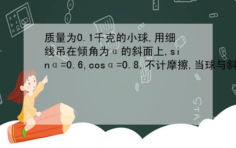 质量为0.1千克的小球,用细线吊在倾角为α的斜面上,sinα=0.6,cosα=0.8,不计摩擦,当球与斜面都以15m/s2的加速度水平向右加速运动时斜面对球的弹力的大小是多少?绳子的拉力是多少?（取g=10m/s2）