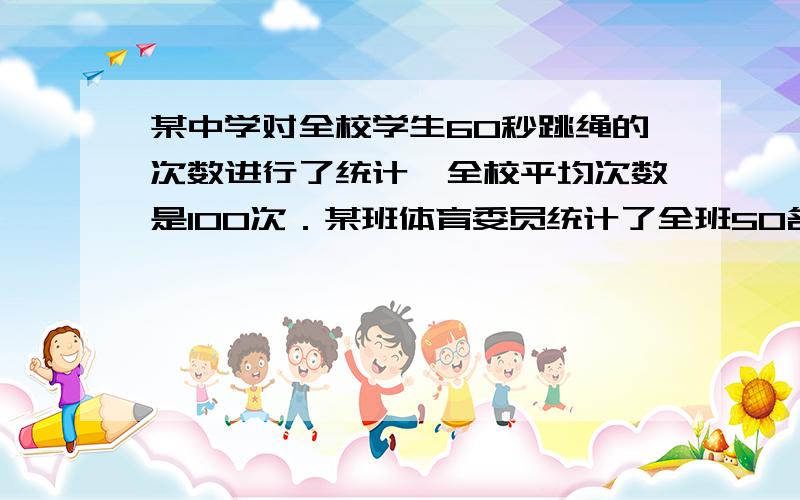 某中学对全校学生60秒跳绳的次数进行了统计,全校平均次数是100次．某班体育委员统计了全班50名学生60秒求：（1）该班60秒跳绳的平均次数至少是多少?是否超过全校平均次数?（2）该班一个