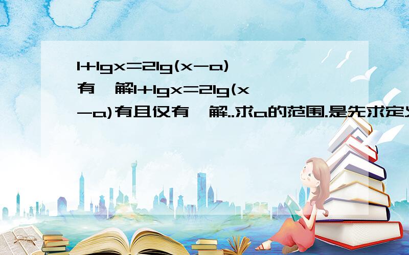 1+lgx=2lg(x-a)有一解1+lgx=2lg(x-a)有且仅有一解..求a的范围.是先求定义域的.x>0 x>a  10x=(x-a)^2然后就可以得到x>0,不用分类.为什么能得到x>0请详细说明下!