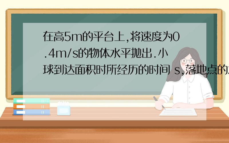 在高5m的平台上,将速度为0.4m/s的物体水平抛出.小球到达面积时所经历的时间 s,落地点的水平...在高5m的平台上,将速度为0.4m/s的物体水平抛出.小球到达面积时所经历的时间 s,落地点的水平距