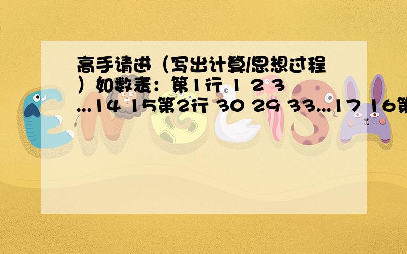 高手请进（写出计算/思想过程）如数表：第1行 1 2 3...14 15第2行 30 29 33...17 16第3行 31 32 33 ...44 45.第n行 .A.第n+1行 .B.第n行有一个数A,它的下一行（第n+1行）有一个数B,且A和B在同一竖列.如果A+B=3