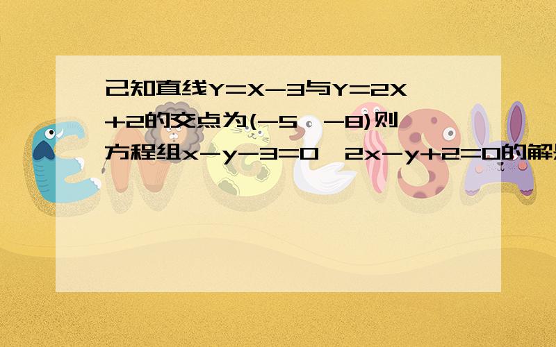 己知直线Y=X-3与Y=2X+2的交点为(-5,-8)则方程组x-y-3=0,2x-y+2=0的解是?知直线Y=X－3与Y＝2X+2的交点为（－5,－8）则方程组x-y-3=0,2x-y+2=0的解是?