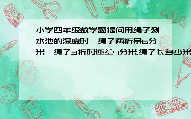 小学四年级数学题提问用绳子测水池的深度时,绳子两折余6分米,绳子3折时还差4分米.绳子长多少米?池子深多少分米？