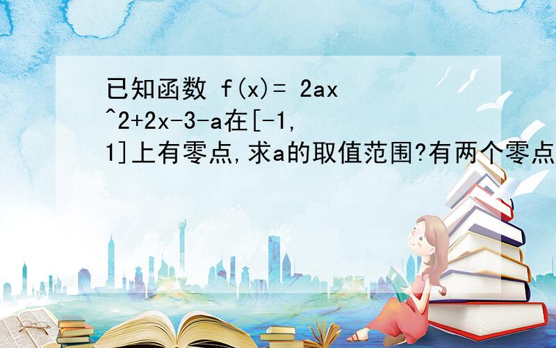 已知函数 f(x)= 2ax^2+2x-3-a在[-1,1]上有零点,求a的取值范围?有两个零点时：f(x)= f(1)f(-1)大于等于零 解得a=5有一个零点时 ；f(x)= f(1)f(-1)小于等于零 1