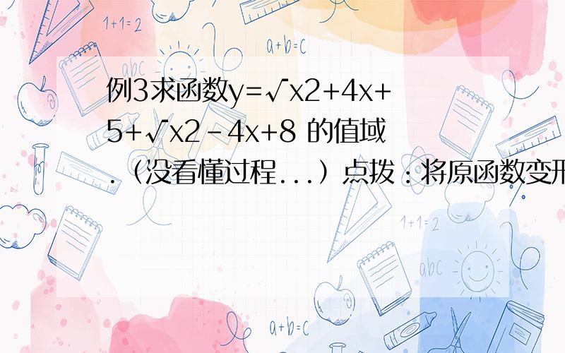 例3求函数y=√x2+4x+5+√x2-4x+8 的值域.（没看懂过程...）点拨：将原函数变形,构造平面图形,由几何知识,确定出函数值原函数变形为f(x)=√(x+2)2+1+√(2-x)2+22作一个长为4、宽为3的矩形ABCD,再切割