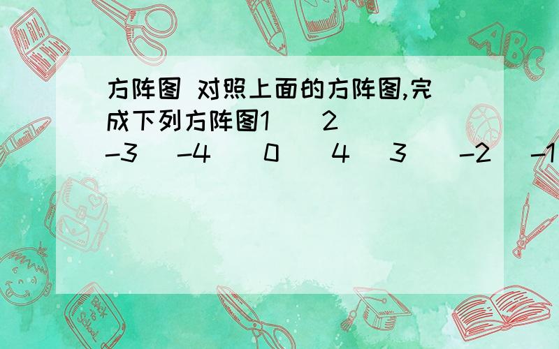 方阵图 对照上面的方阵图,完成下列方阵图1 | 2 | -3 |-4 | 0 | 4 |3 | -2 |-1 |对照上面的方阵图,完成下列方阵图3 | 4 | -1 || | || | |-2 | | || -3 | || | -4 || | || -7 | || | |让下列方阵图成立也可以