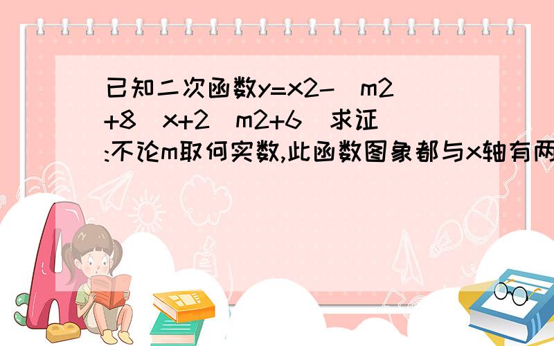 已知二次函数y=x2-（m2+8）x+2（m2+6）求证:不论m取何实数,此函数图象都与x轴有两个交点,且两个交点都在x轴的正半轴上