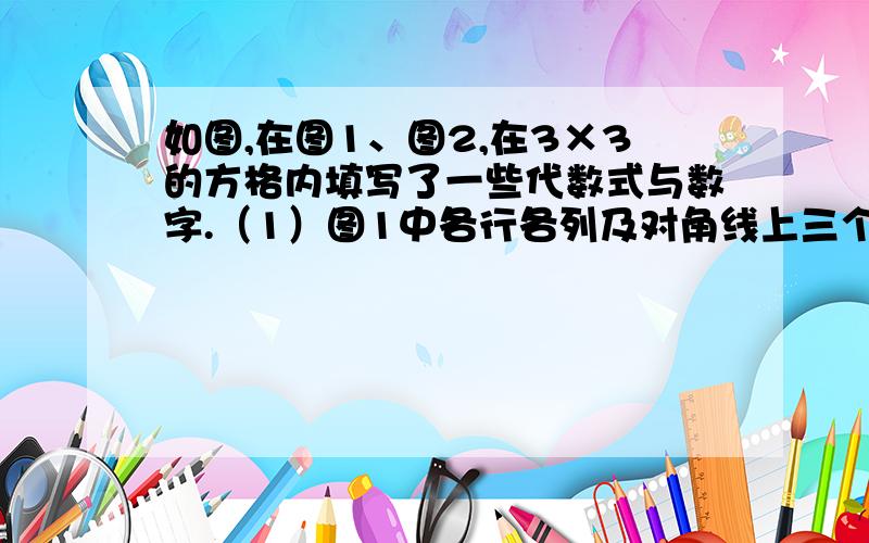 如图,在图1、图2,在3×3的方格内填写了一些代数式与数字.（1）图1中各行各列及对角线上三个数字之和都相等,请求出x、y的值.（列二元一次方程解,（2）把能满足条件的6个数填入图2中（我标